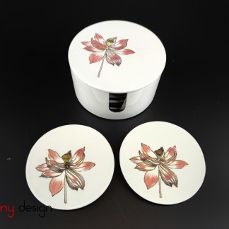 Set of  6 round white hand-painted lotus coasters with box 